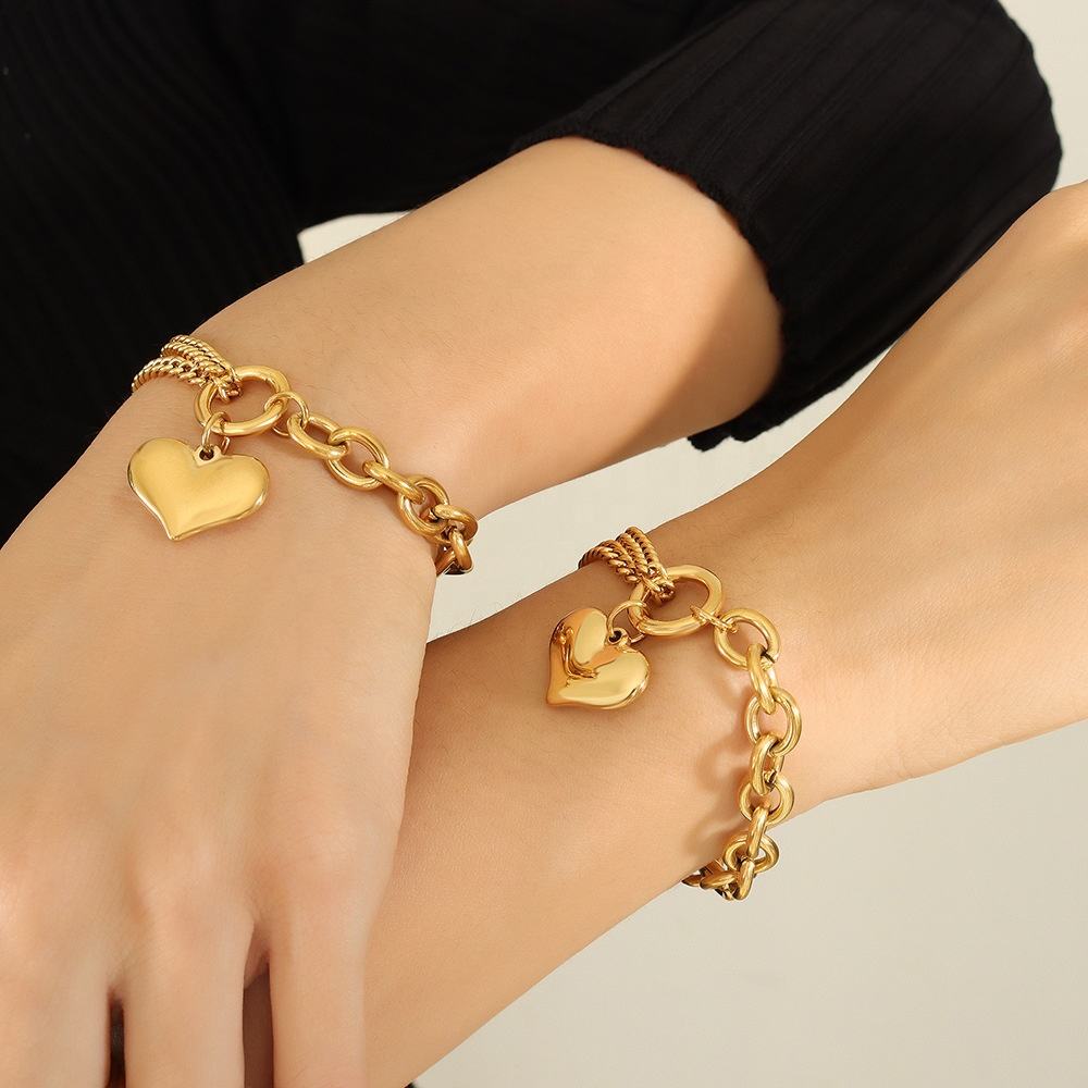 Heart Charm Double Chains Bracelet - 18k Gold Plated