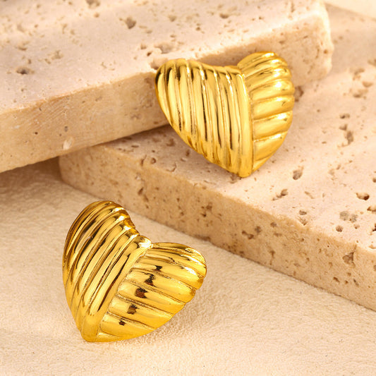 Cross Lines Heart Stud Earrings - 18k Gold Plated