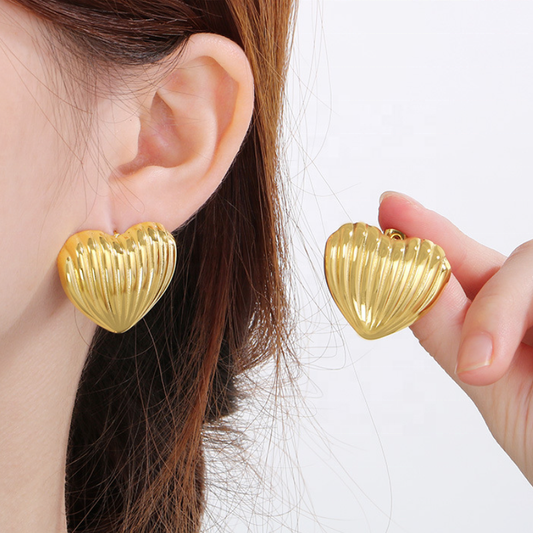 Textured Heart Stud Earrings - 18k Gold Plated