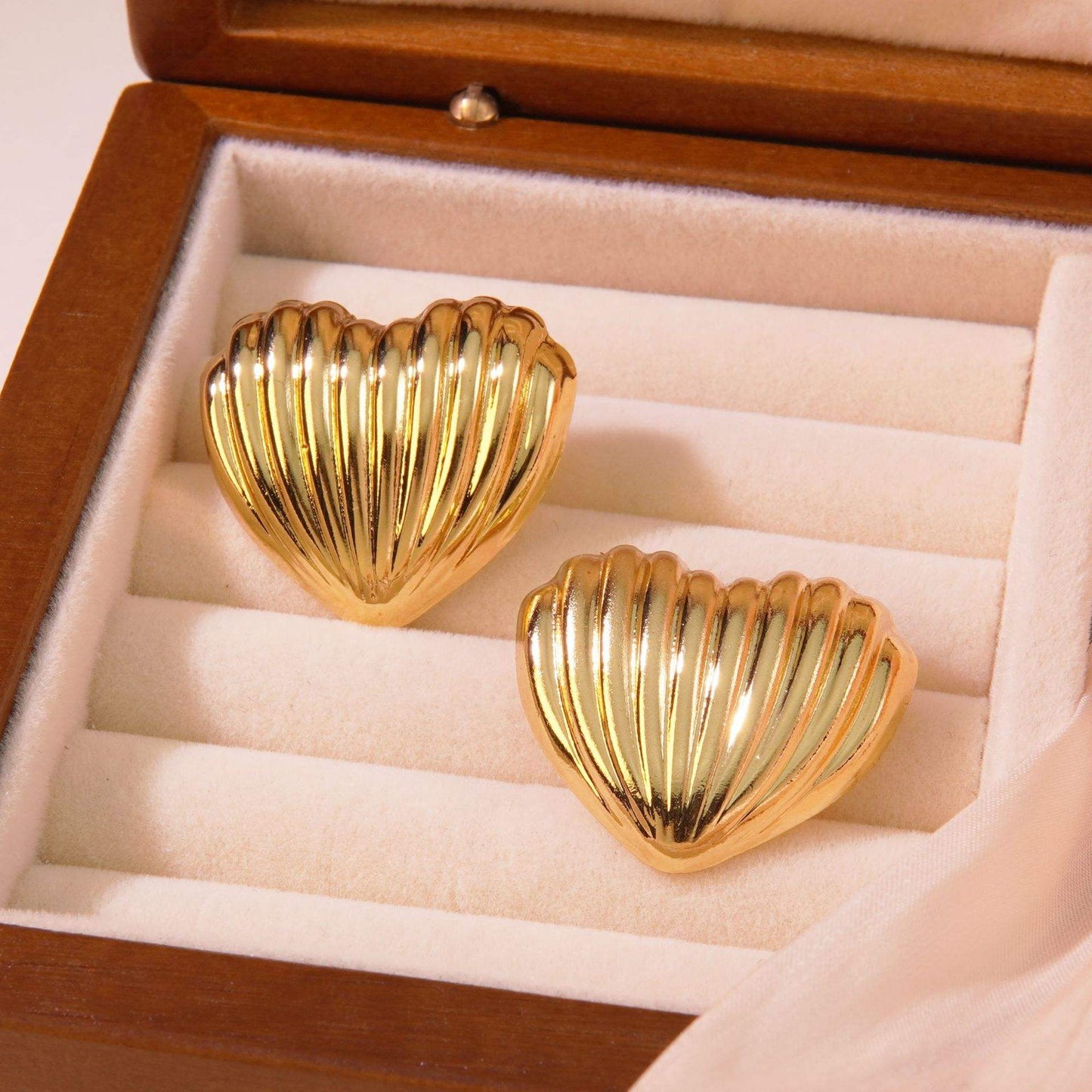 Textured Heart Stud Earrings - 18k Gold Plated